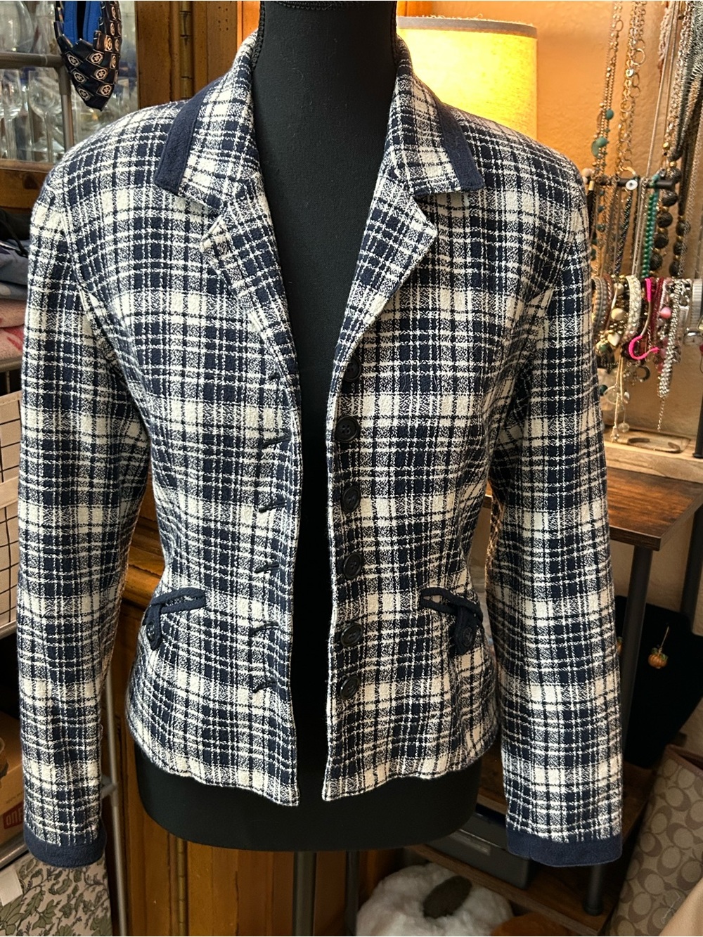 Vintage 80s/90s K.I.K.I.T. Maurice Sasson Plaid Blazer Navy Cream Cotton S